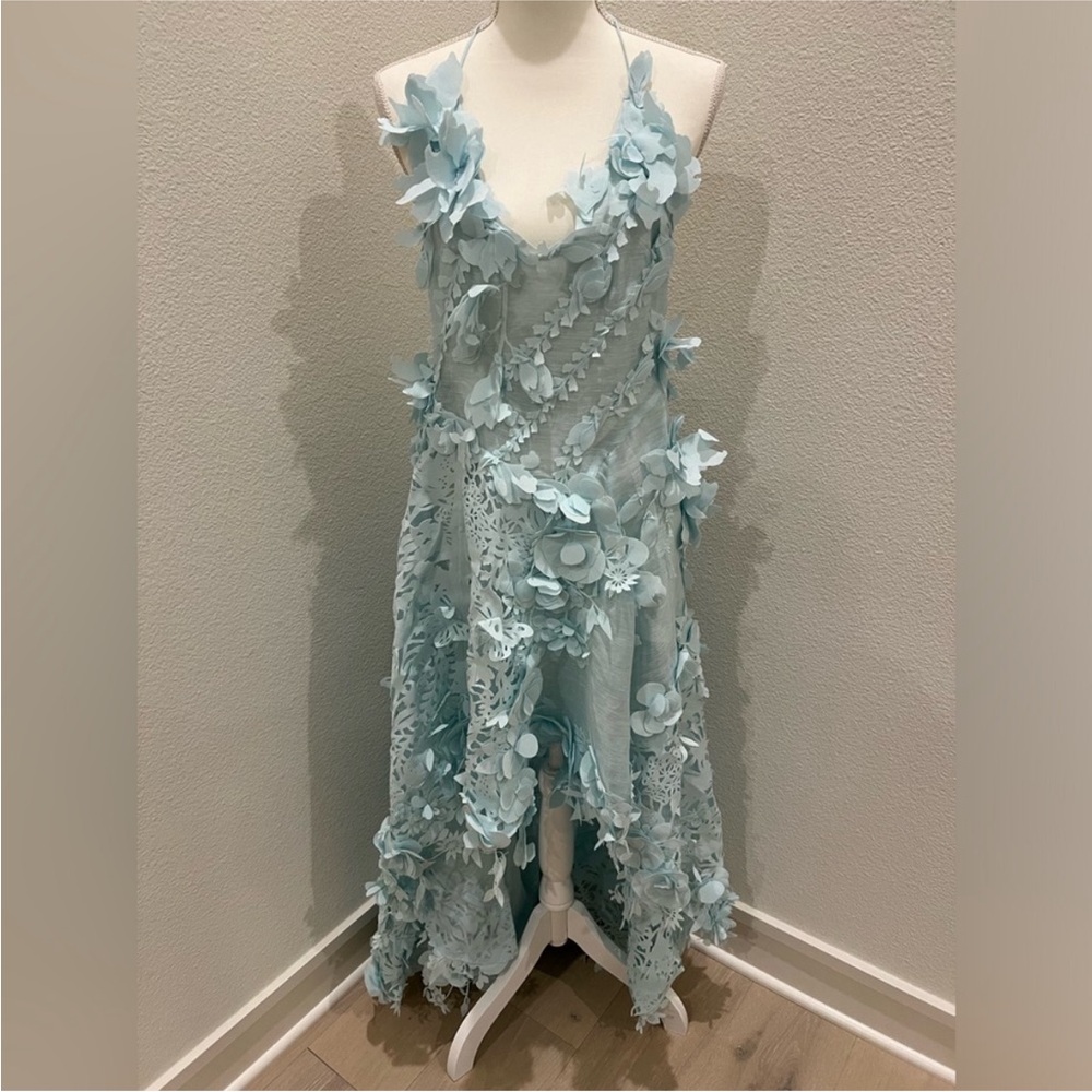 Natura Laser Cut Halterneck High-Low Dress in Light Blue